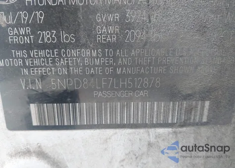 2020 Hyundai Elantra Sel z USA, uszkodzony, nr VIN 5NPD84LF7LH512878